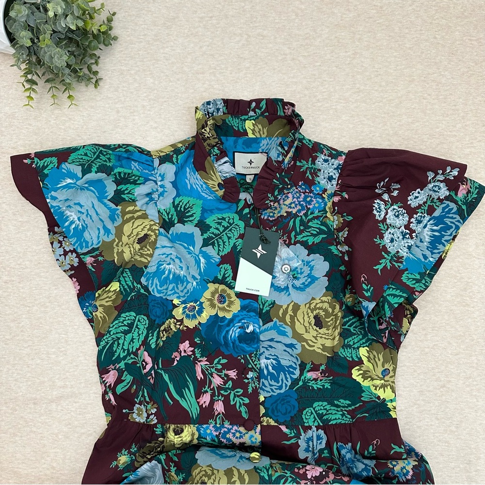 Tuckernuck Women Cotton Oxblood Blue Floral Alice Ruffled Collared Dress Size S - Picture 5 of 14